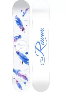 planche de snowboard sur fond blanc et de plumes bleu violet chez raven mia white