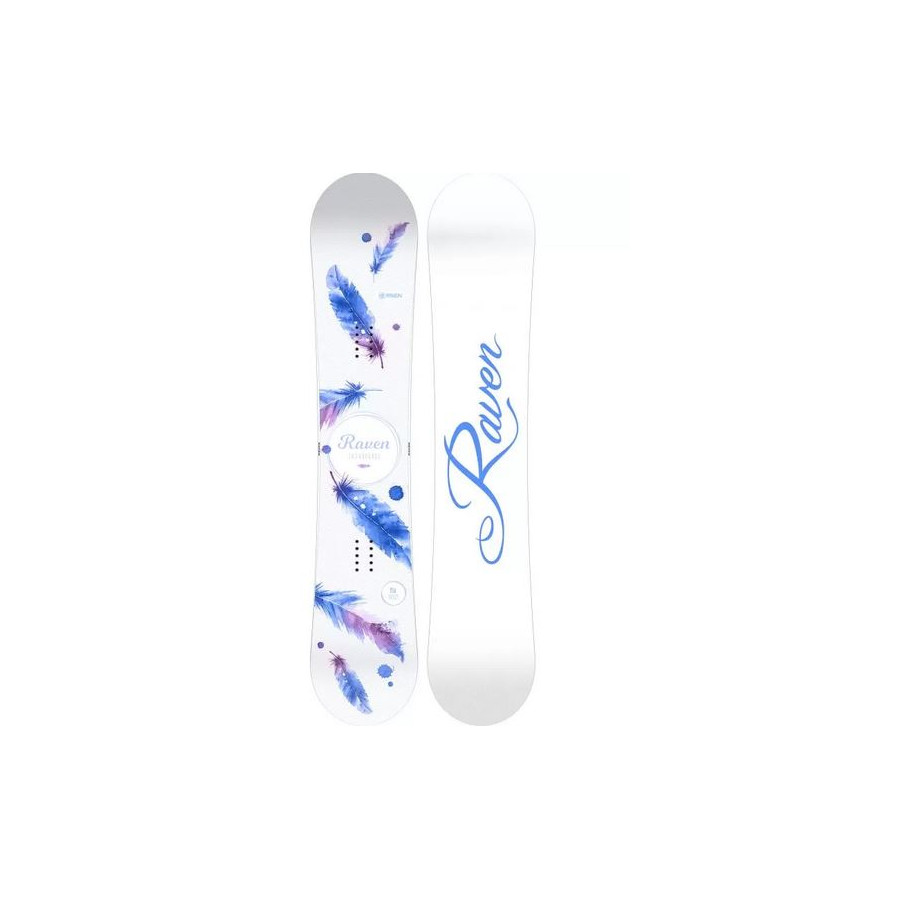 planche de snowboard sur fond blanc et de plumes bleu violet chez raven mia white